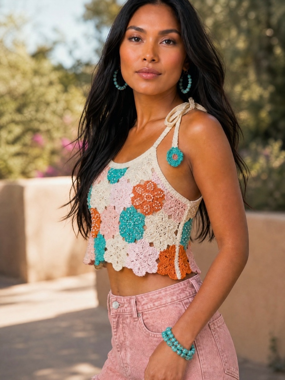 POL Crochet Floral Pearl Beaded Tie Strap Crop Top | Boho Festival - Picture 5 of 8